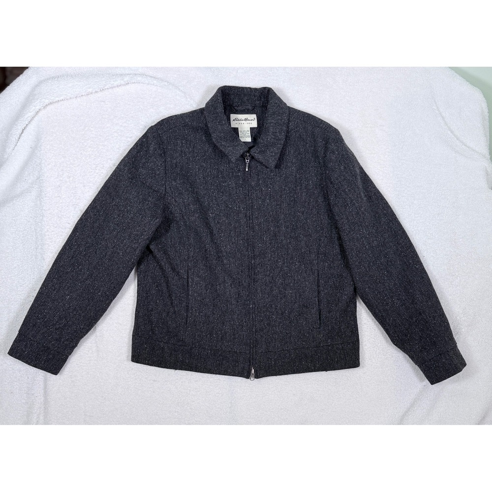 Eddie Bauer Women L Wool Silk Blend Tweed Jacket Full Zip Collared Charcoal Gray